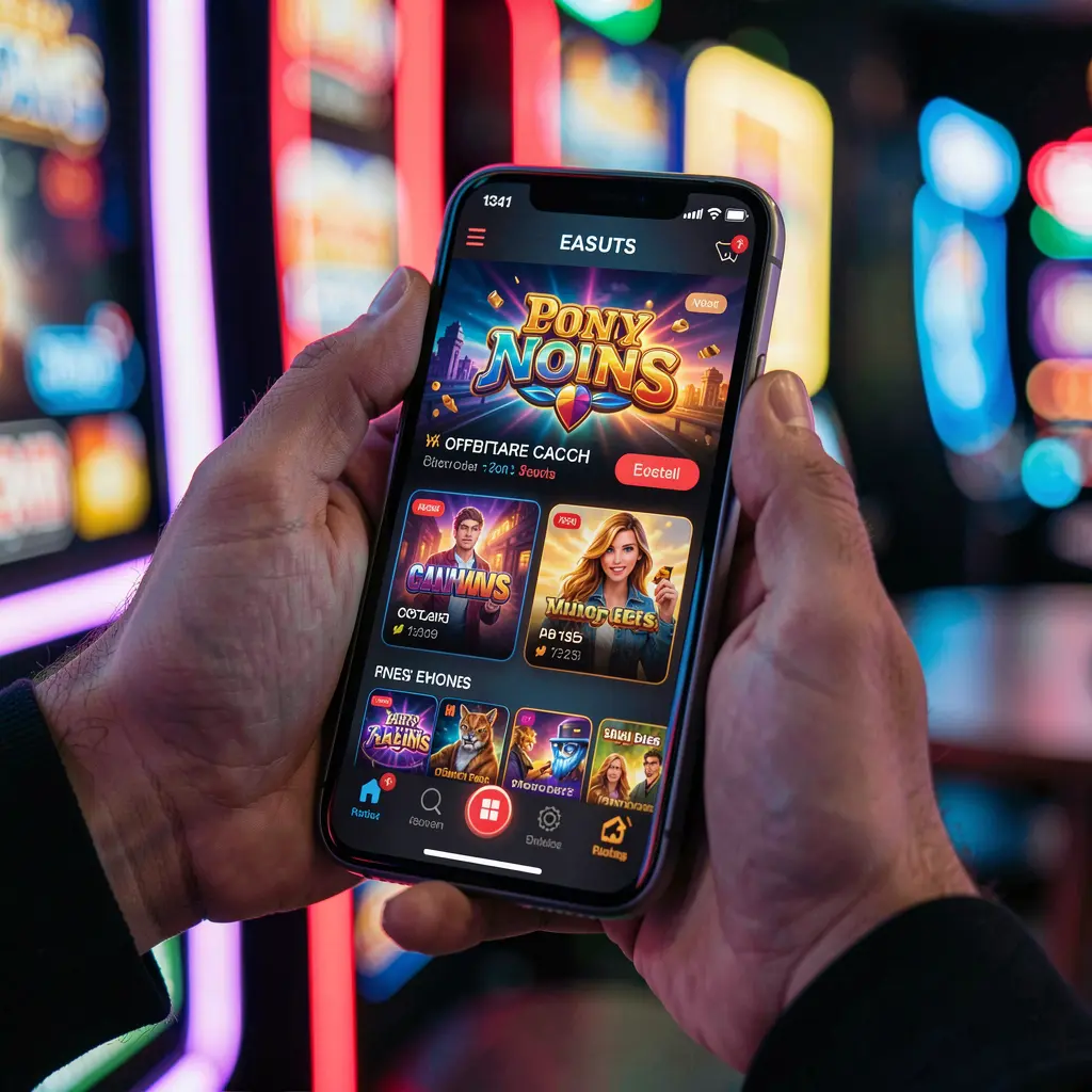Close up view of a player using the EQ668 casino app on a smartphone with bright slot reels and neon lights in a modern mobile gaming scene