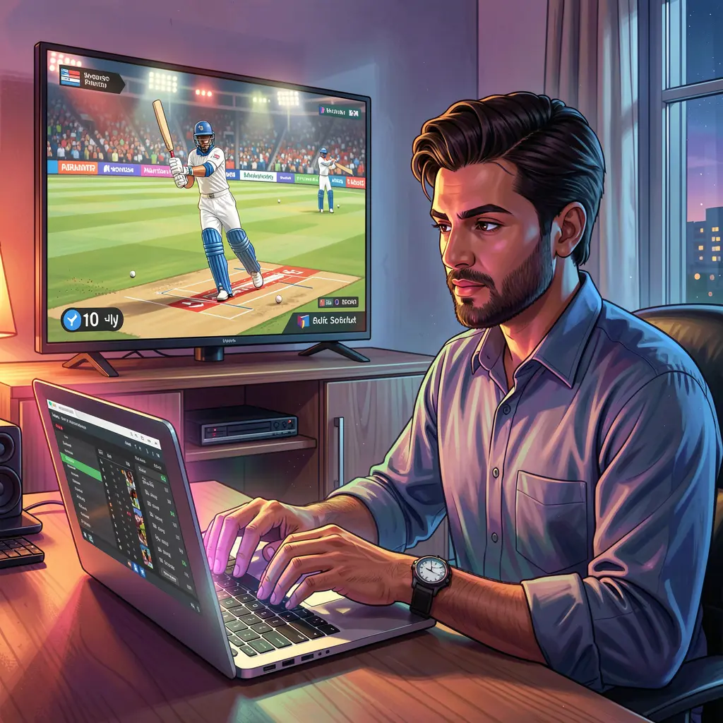 Focused Pakistani sports bettor using a laptop at home while watching a live cricket match and placing bets on the EQ668 platform