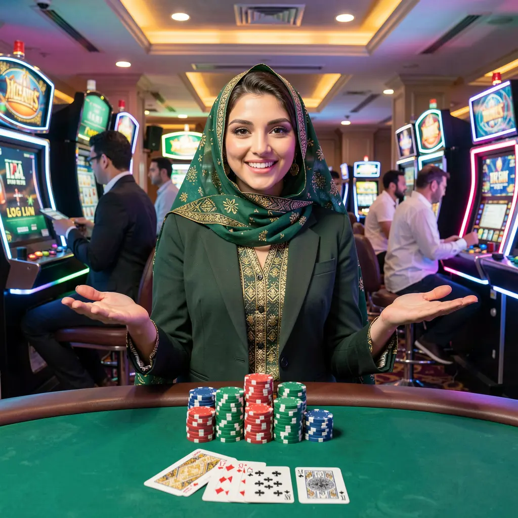 Elegant live casino dealer in a red dress standing by a gaming table with chips and cards highlighting the premium atmosphere of EQ668 casino in Pakistan
