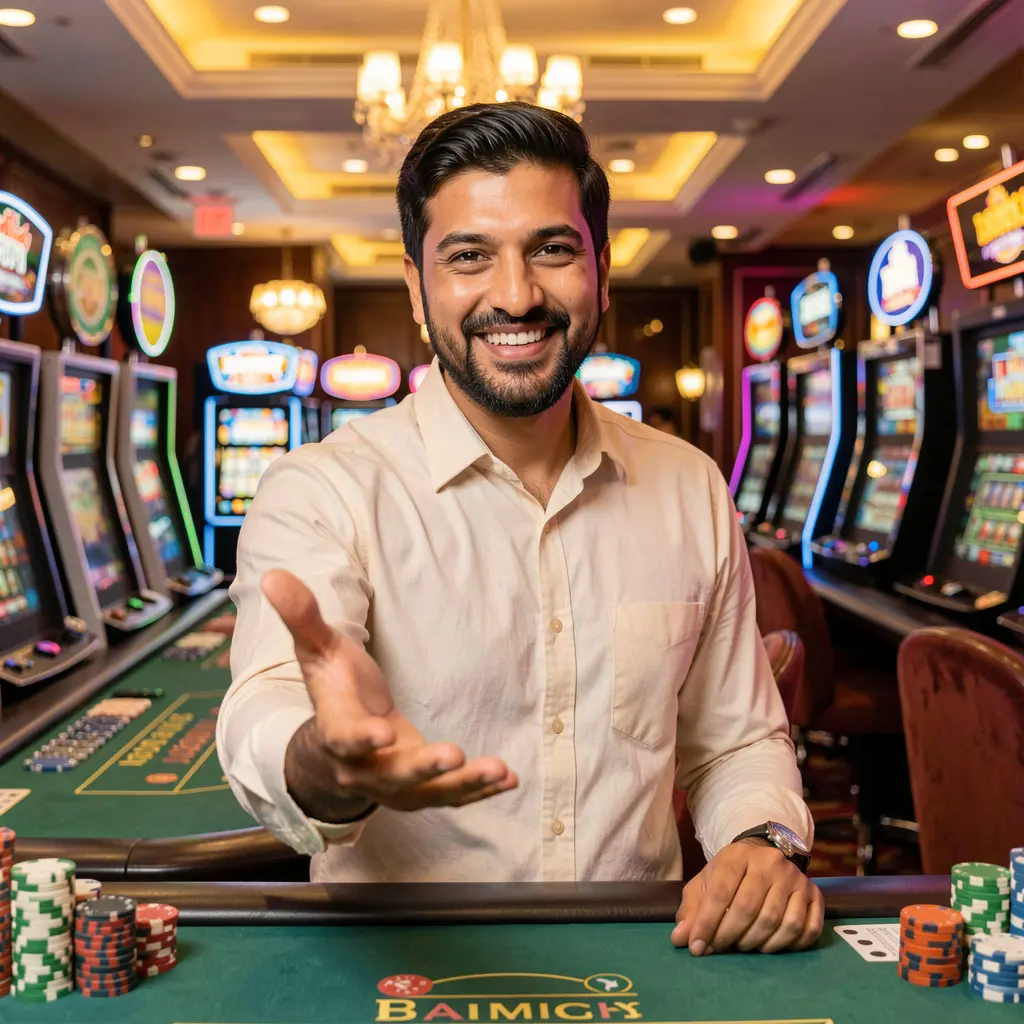Close-up of a friendly EQ668 casino host reaching forward with flying chips representing trusted online gaming for Pakistan