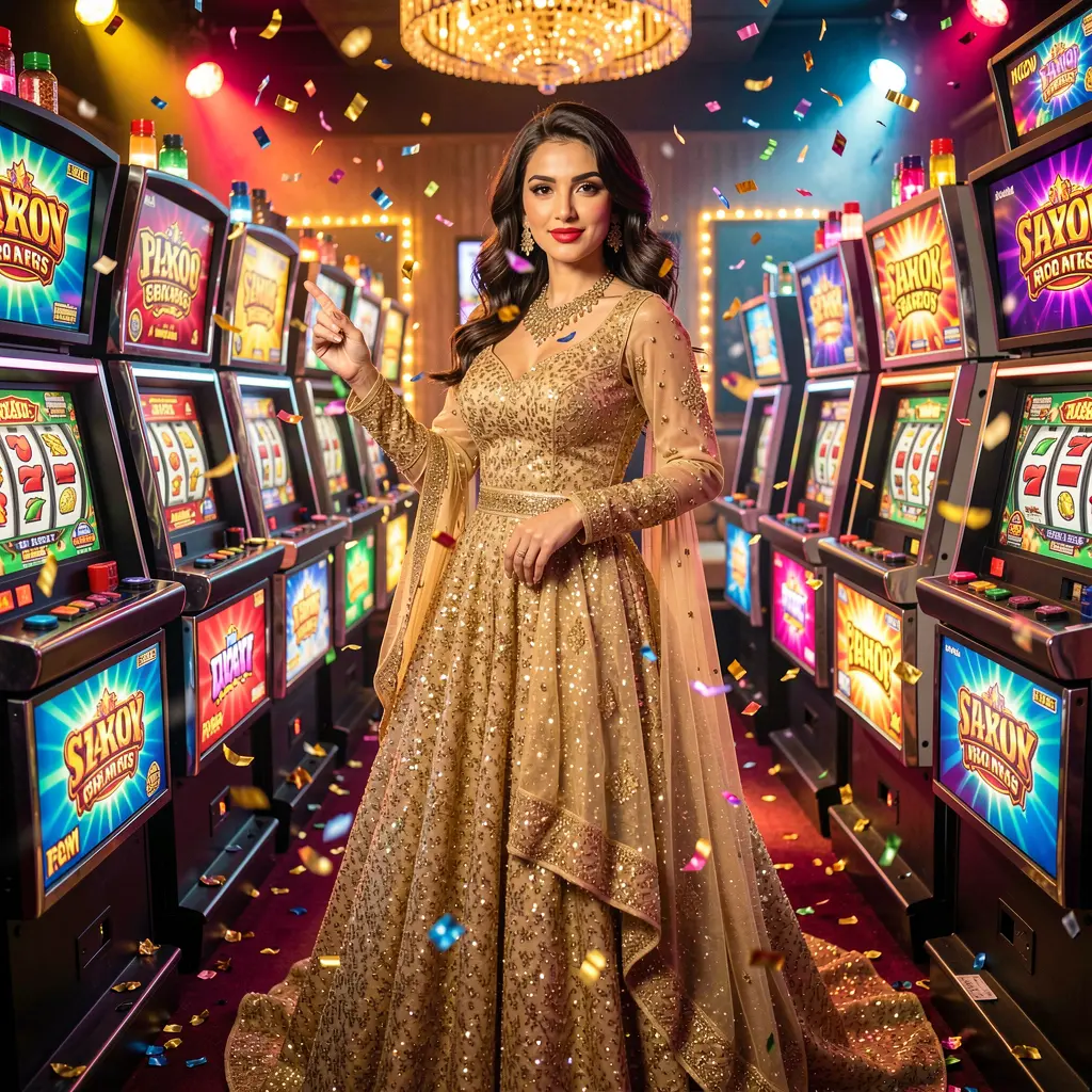 Stylish Pakistani woman in a gold dress near illuminated slot machines at EQ668 casino highlighting a premium gaming atmosphere